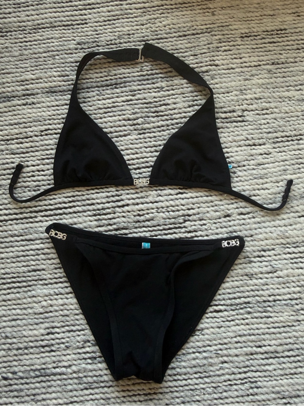 Authentic Vintage 90’s BCBG Black Triangle Bikini with Crystal Logo Hardware